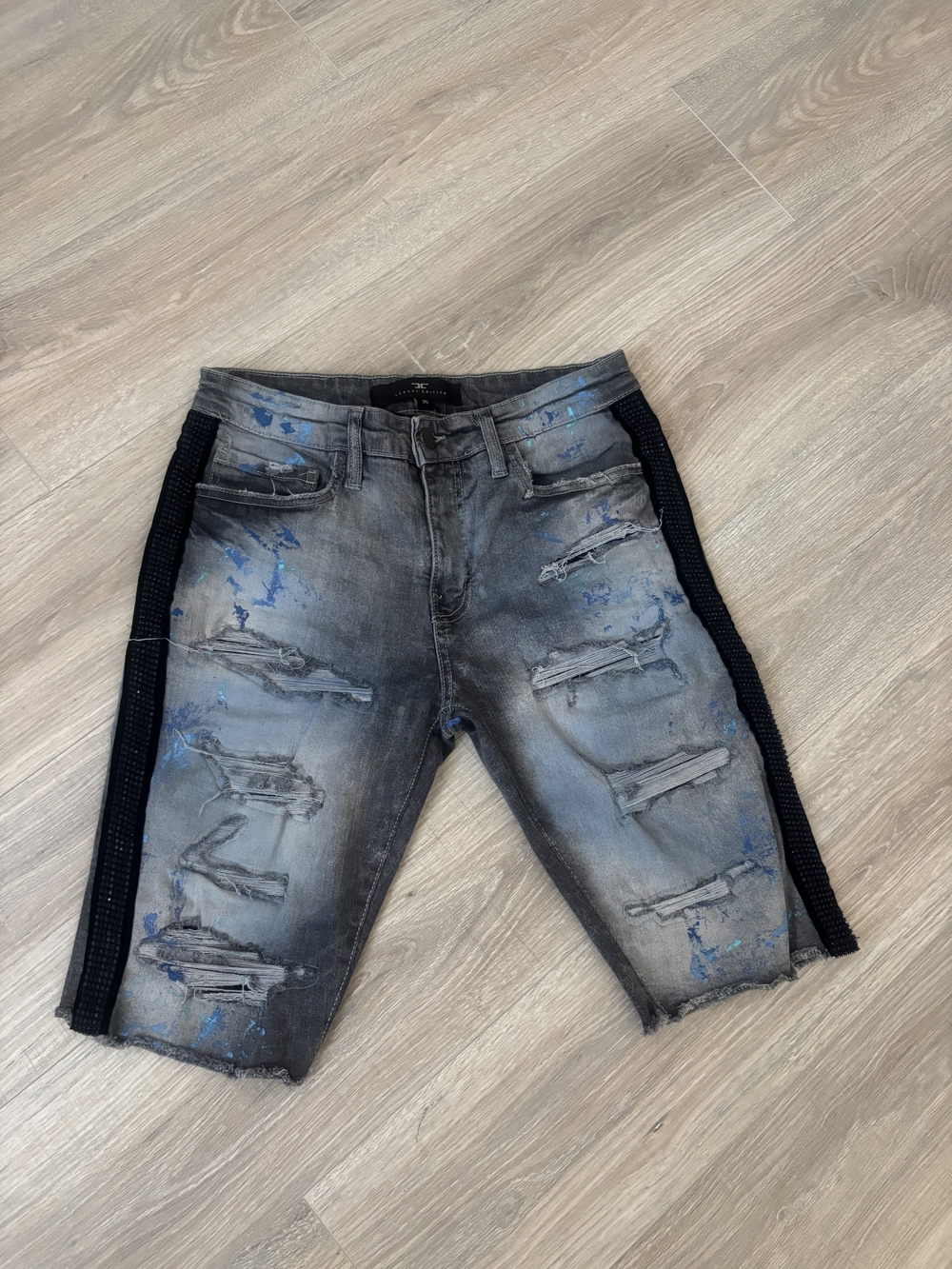 Men's Distressed Gray Denim Jean Shorts with Black Side Panels and Blue Accents